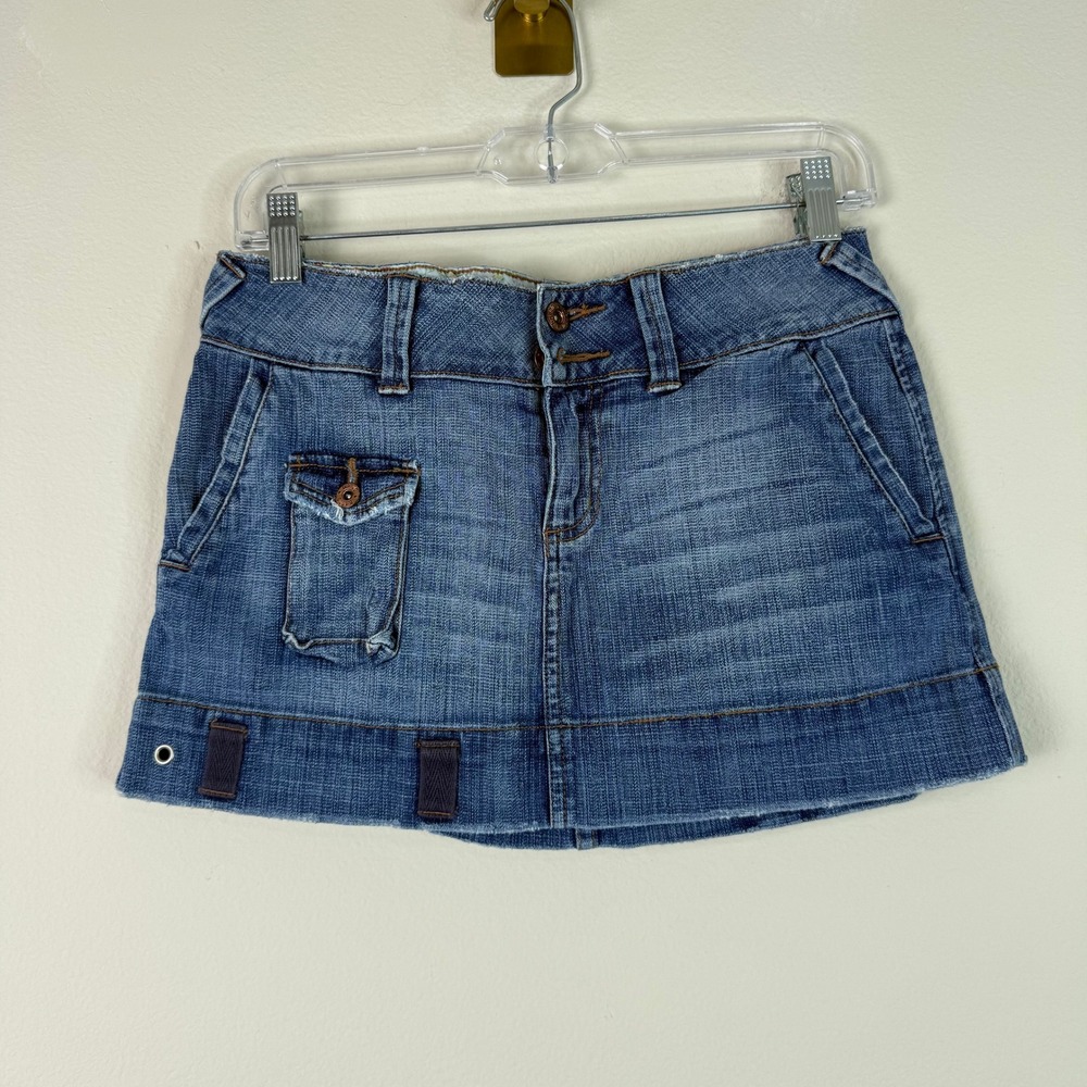 Bongo Denim Skirt Womens 5 Blue Mini Low Rise Cargo Utility Y2K Distressed